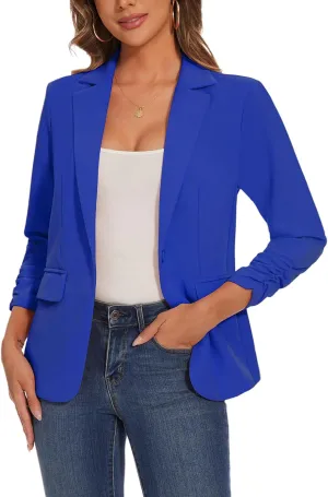 Womens Ruched 3/4 Sleeve Button Front Lapel Blazers Business Casual Basic Work Jackets with Pockets *Royal Blue,Size XL*