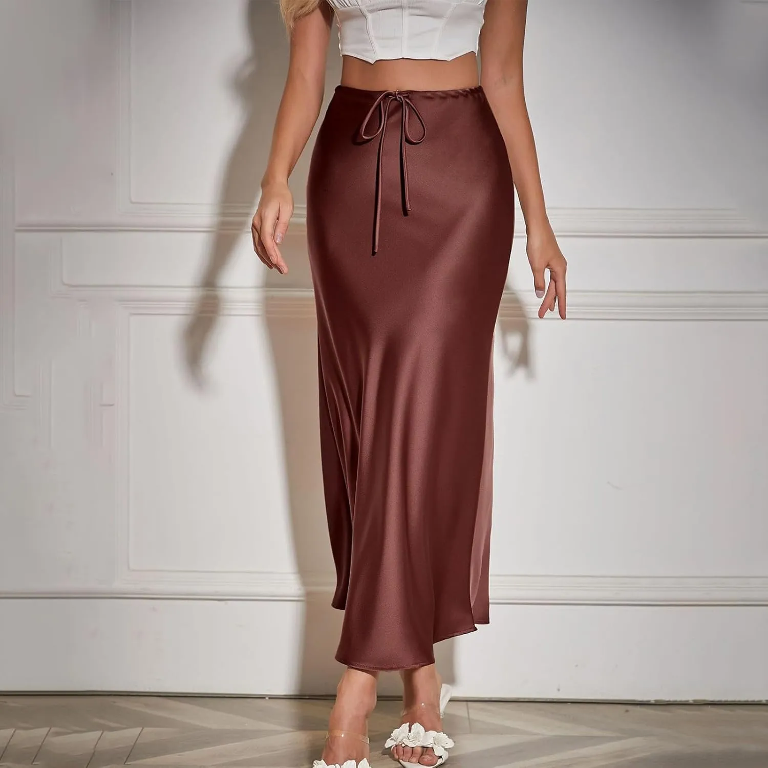 Women's Satin Maxi Skirts High Waist Silk Elegant Flowy Casual A-Line Long Skirt Cocktail Party Weekend Midi Skirt