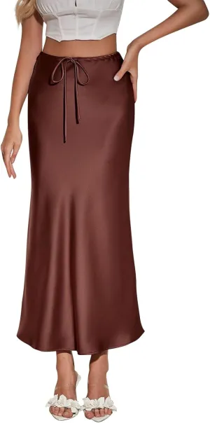 Women's Satin Maxi Skirts High Waist Silk Elegant Flowy Casual A-Line Long Skirt Cocktail Party Weekend Midi Skirt