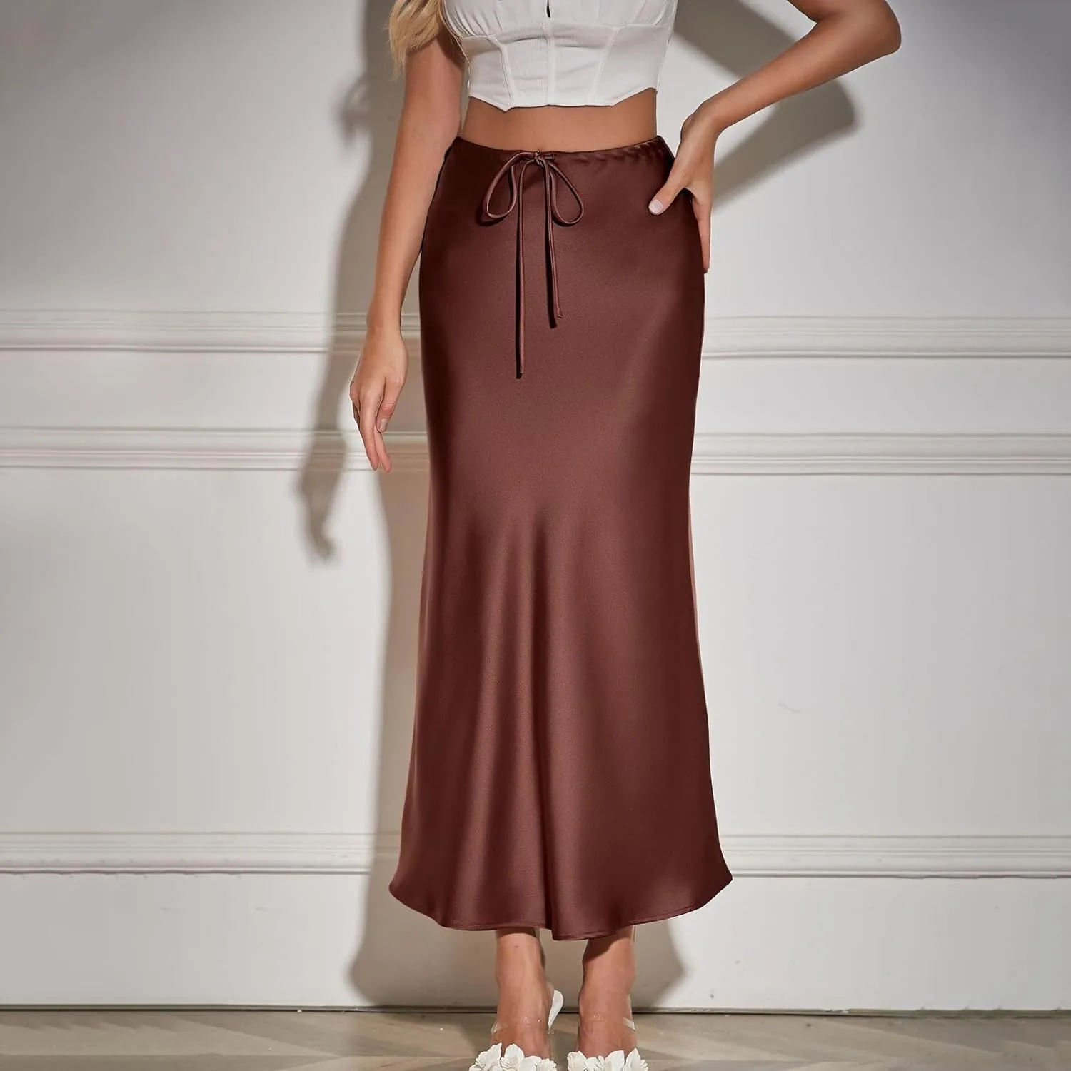 Women's Satin Maxi Skirts High Waist Silk Elegant Flowy Casual A-Line Long Skirt Cocktail Party Weekend Midi Skirt