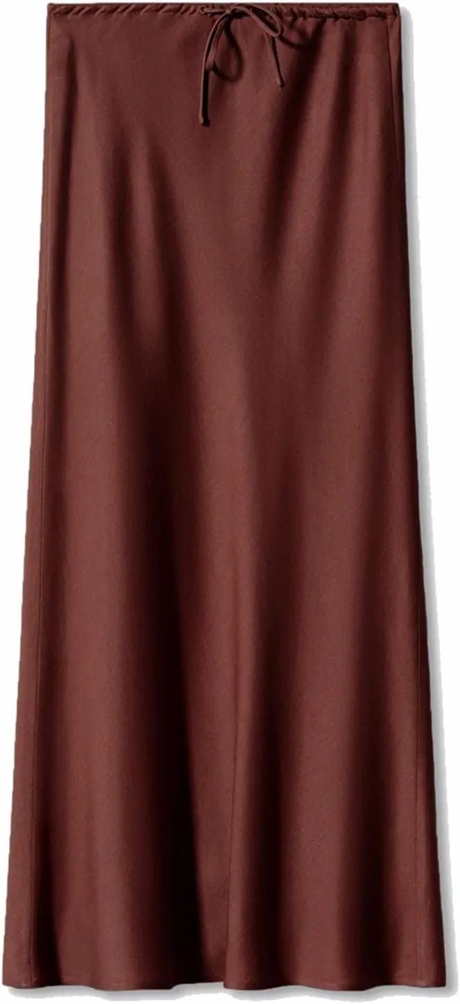 Women's Satin Maxi Skirts High Waist Silk Elegant Flowy Casual A-Line Long Skirt Cocktail Party Weekend Midi Skirt