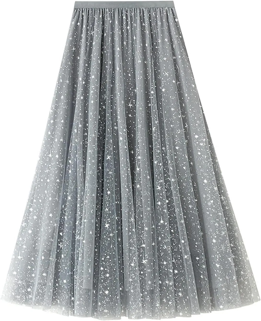 Womens Sequin Tulle Skirts Stretch Waist Layered Pleated A-Line Midi Skirt Prom Party Flowy Skirts