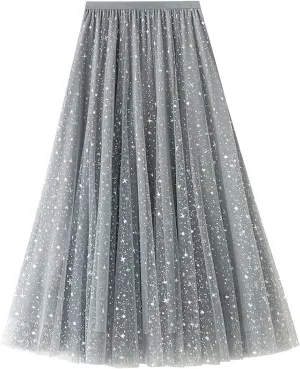 Womens Sequin Tulle Skirts Stretch Waist Layered Pleated A-Line Midi Skirt Prom Party Flowy Skirts