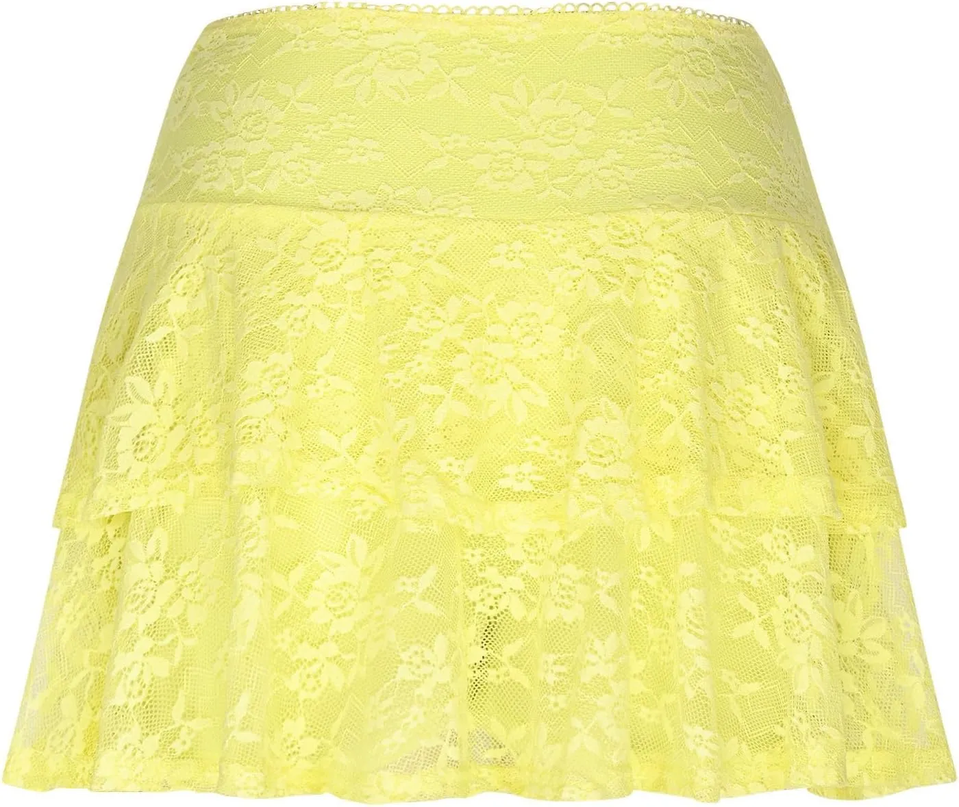 Womens Sexy High Waist Floral Lace Skirt Layered Ruffle Hem Mini Skirt Smocked A Line Pleated Beach Short Skirt