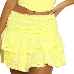 Womens Sexy High Waist Floral Lace Skirt Layered Ruffle Hem Mini Skirt Smocked A Line Pleated Beach Short Skirt