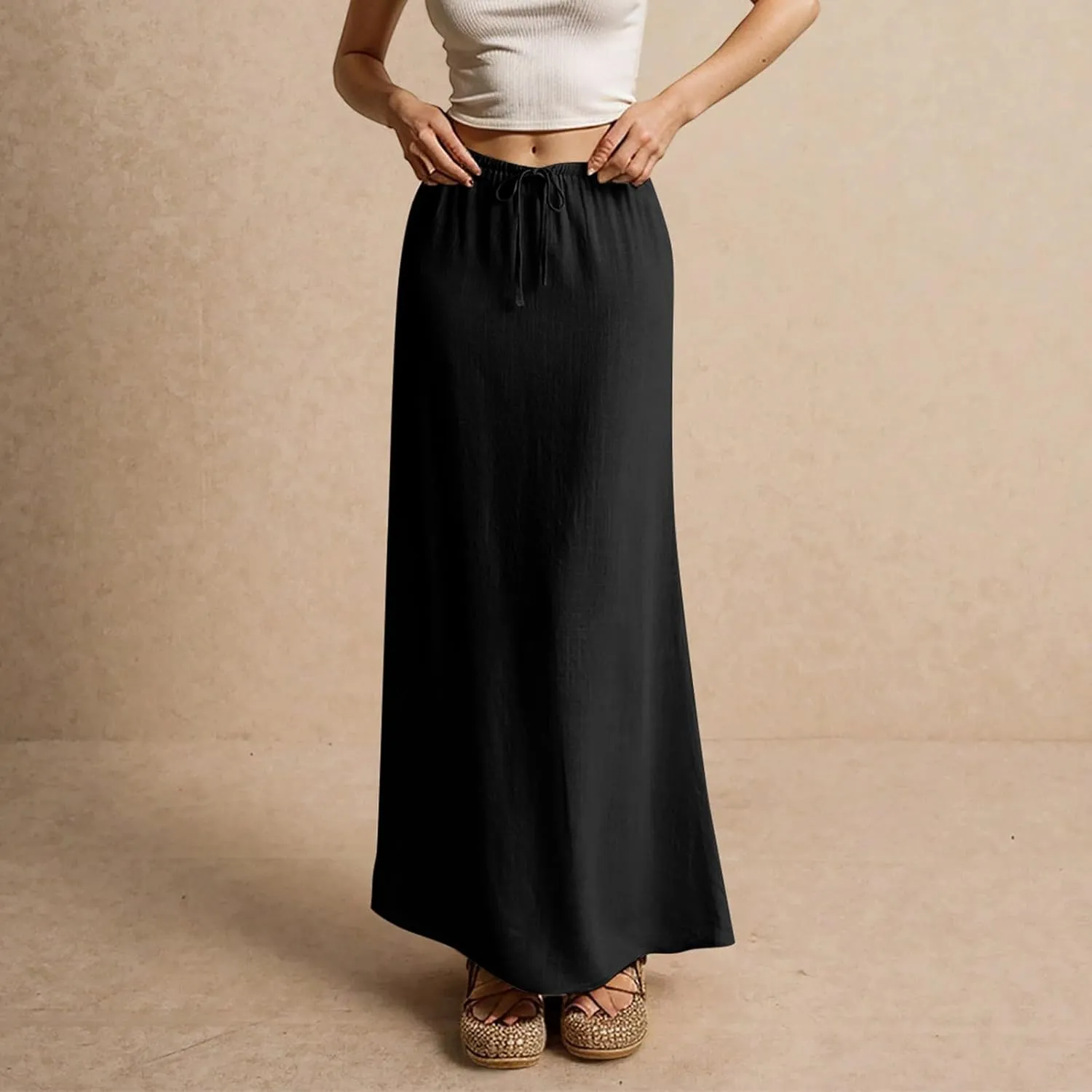 Womens Skirts Beach Long Flowy Skirts Plus Size Linen Maxi Skirt with Slit Comfy Drawstring Low Rise Summer