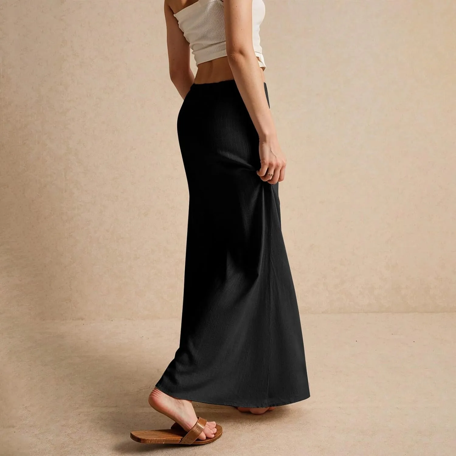 Womens Skirts Beach Long Flowy Skirts Plus Size Linen Maxi Skirt with Slit Comfy Drawstring Low Rise Summer