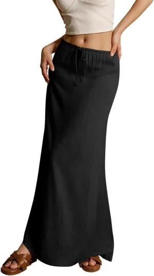 Womens Skirts Beach Long Flowy Skirts Plus Size Linen Maxi Skirt with Slit Comfy Drawstring Low Rise Summer