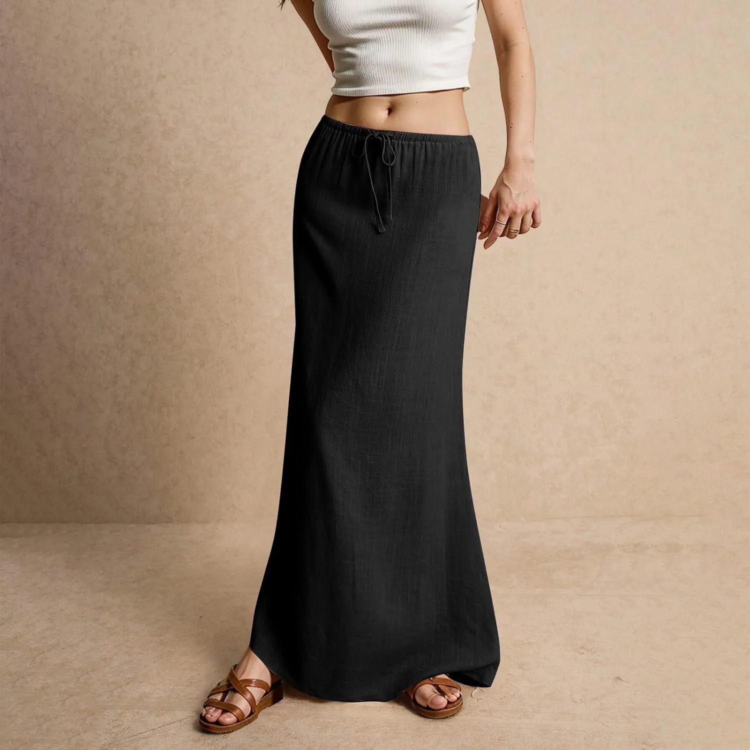 Womens Skirts Beach Long Flowy Skirts Plus Size Linen Maxi Skirt with Slit Comfy Drawstring Low Rise Summer