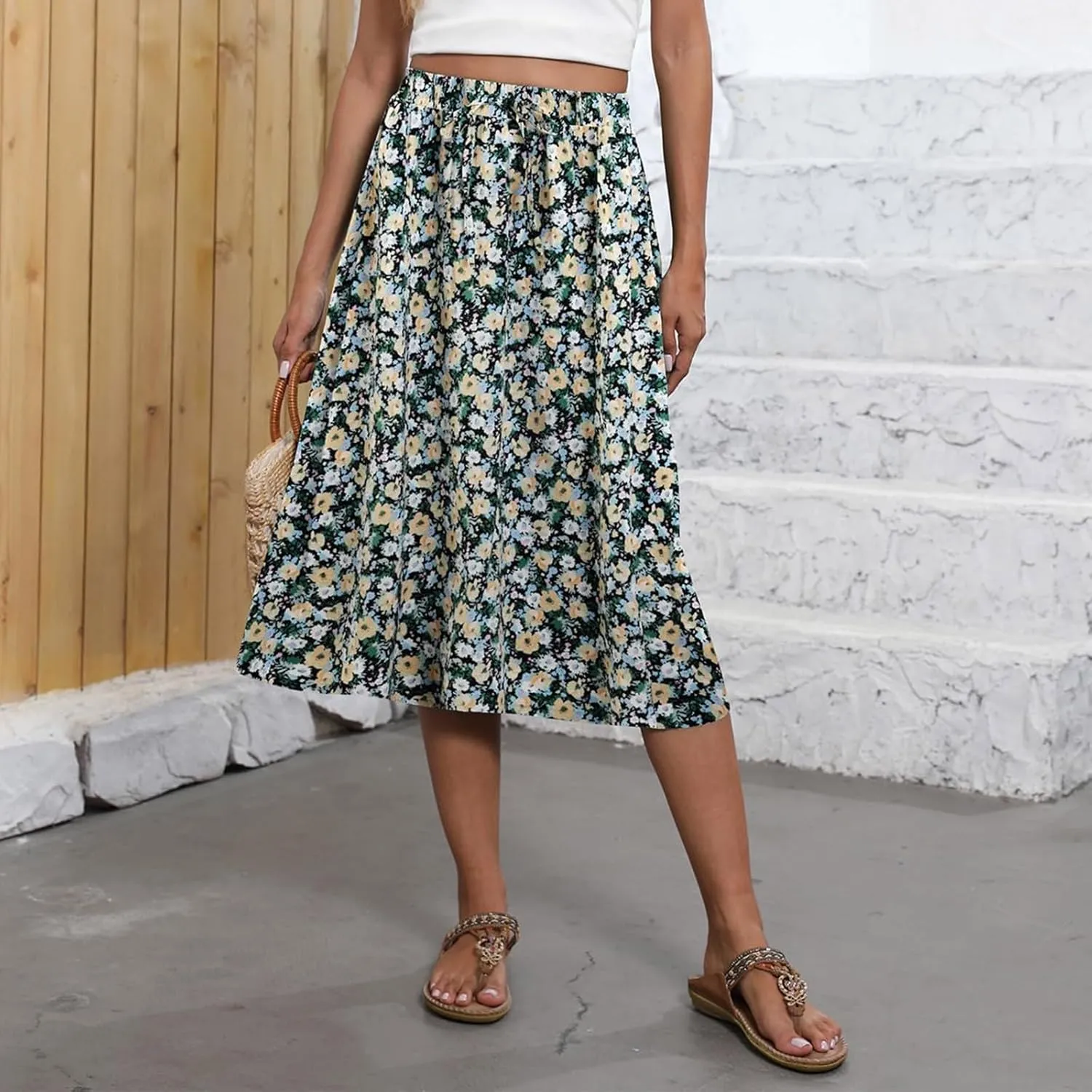 Womens Skirts Midi Length Boho Beach Vacation Flowy Floral Skirt Spring Casual Comfy High Waisted A Line Skirt