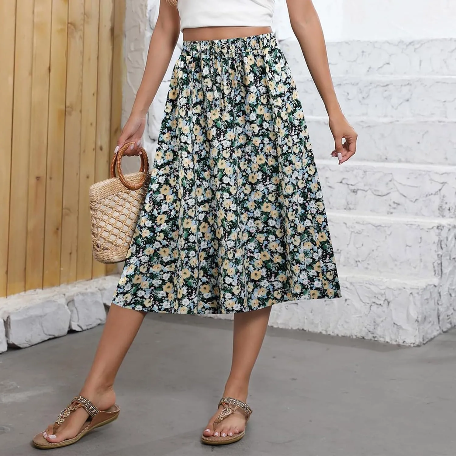 Womens Skirts Midi Length Boho Beach Vacation Flowy Floral Skirt Spring Casual Comfy High Waisted A Line Skirt