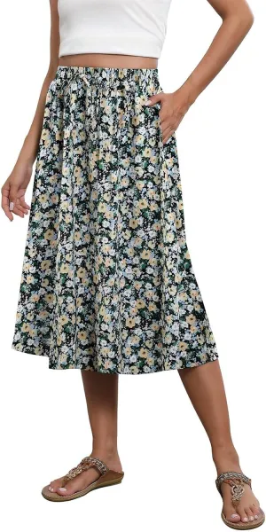 Womens Skirts Midi Length Boho Beach Vacation Flowy Floral Skirt Spring Casual Comfy High Waisted A Line Skirt