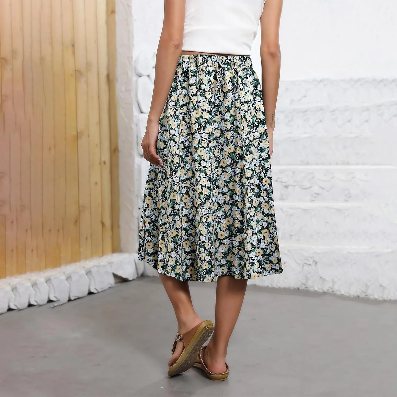 Womens Skirts Midi Length Boho Beach Vacation Flowy Floral Skirt Spring Casual Comfy High Waisted A Line Skirt