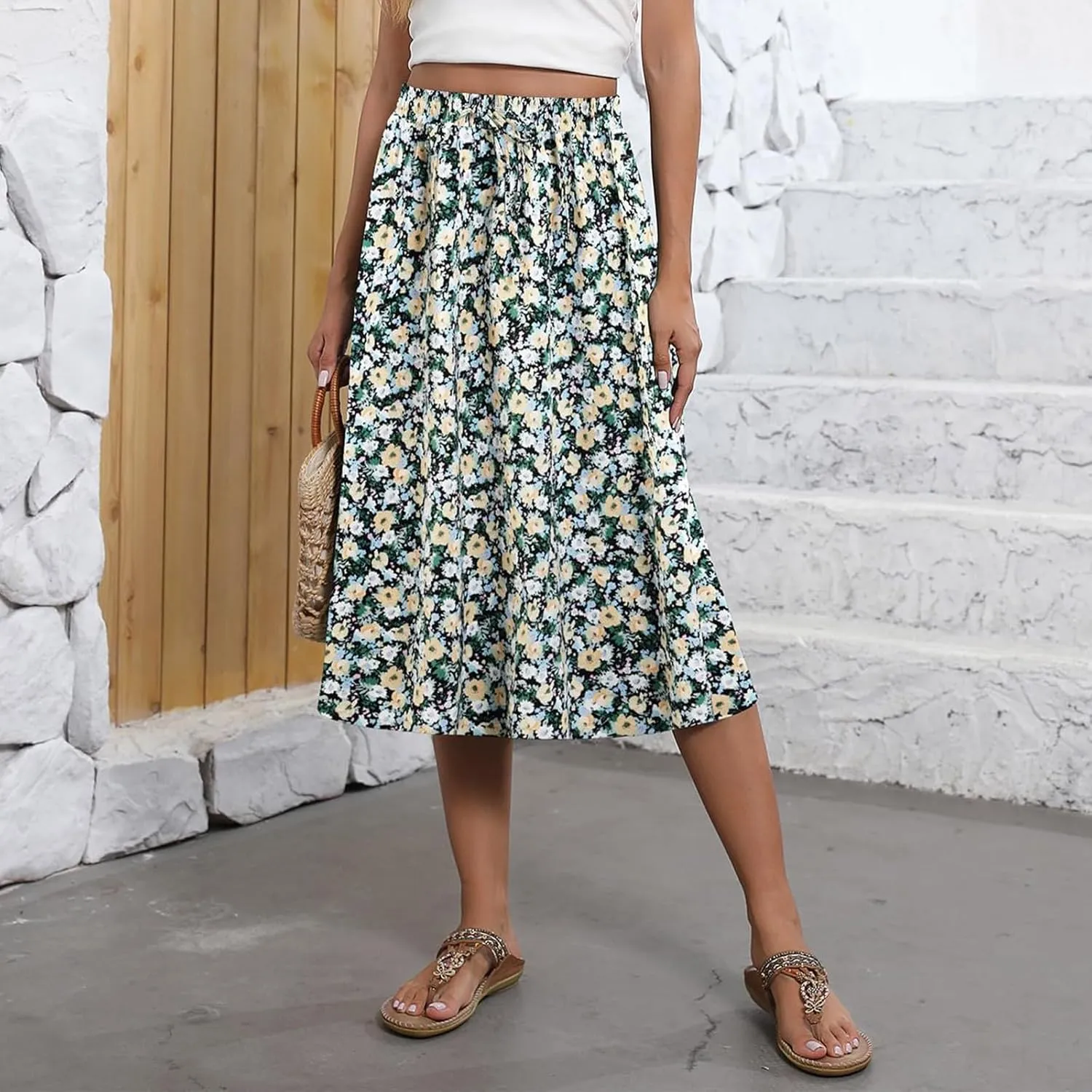 Womens Skirts Midi Length Boho Beach Vacation Flowy Floral Skirt Spring Casual Comfy High Waisted A Line Skirt