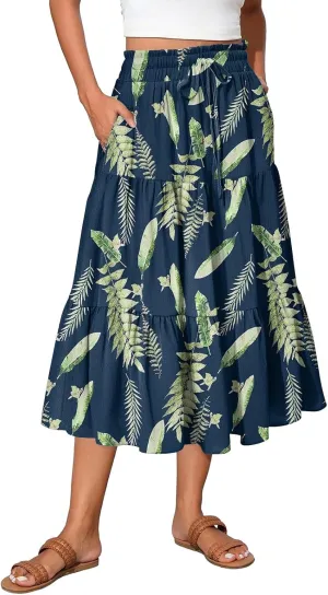 Womens Skirts Midi Length Boho Beach Vacation Flowy Floral Skirt Summer Casual Tiered High Waisted A Line Skirt