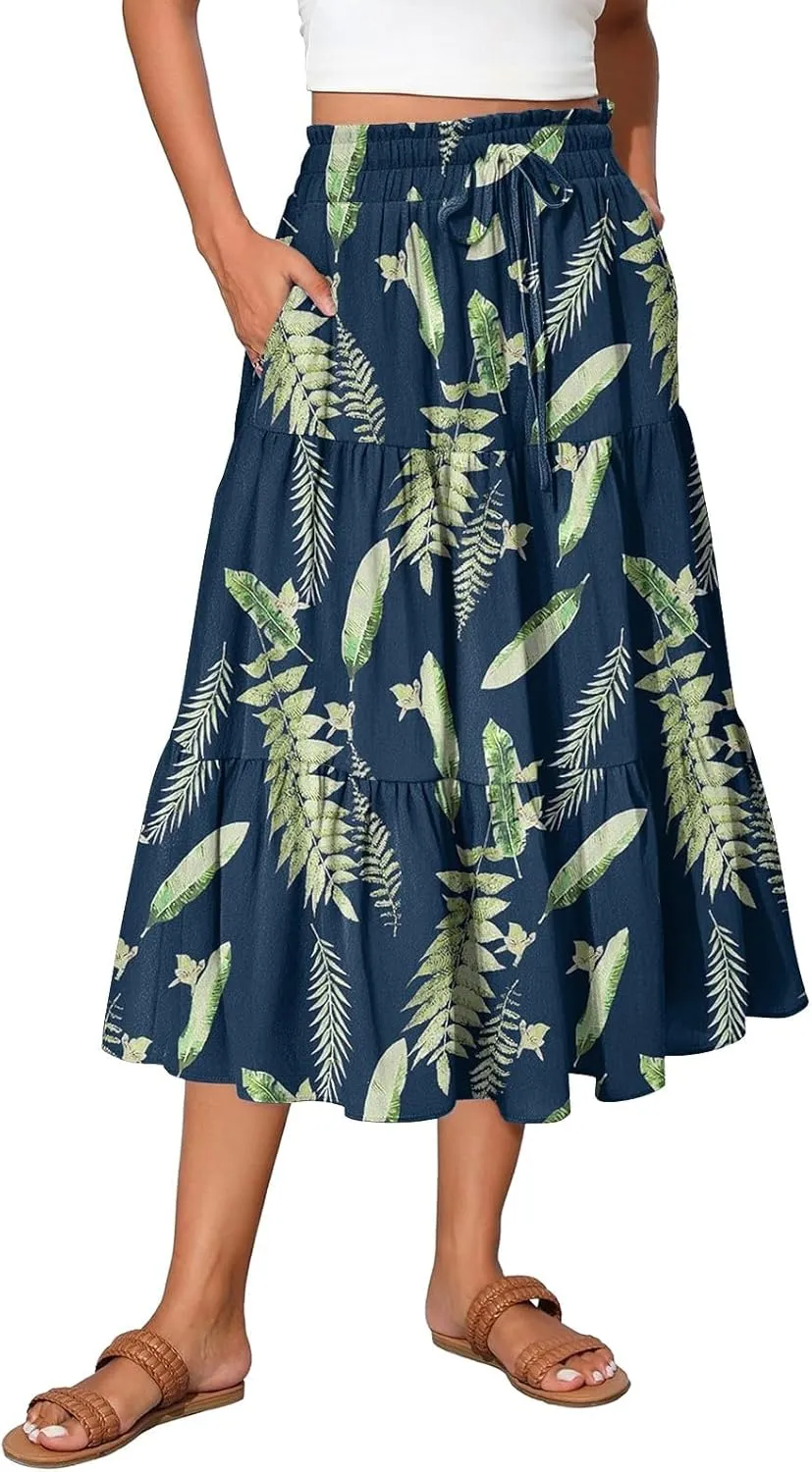 Womens Skirts Midi Length Boho Beach Vacation Flowy Floral Skirt Summer Casual Tiered High Waisted A Line Skirt