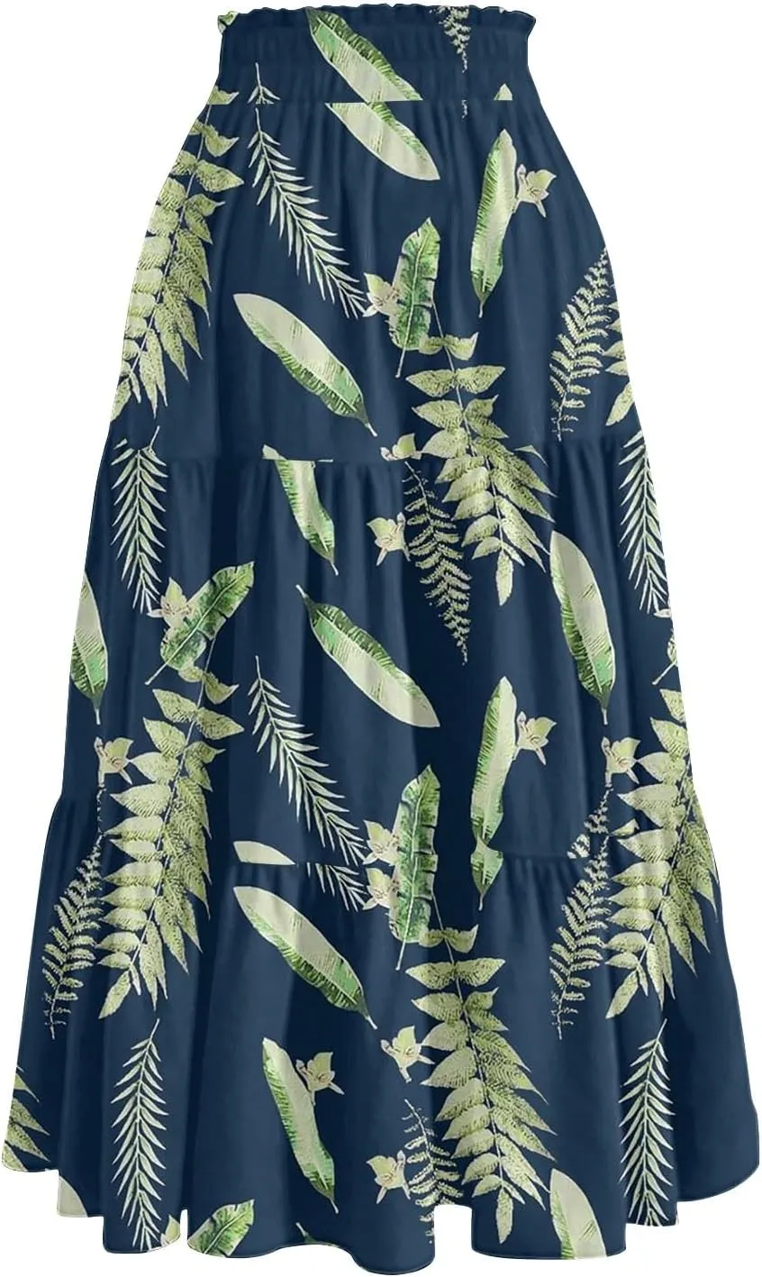 Womens Skirts Midi Length Boho Beach Vacation Flowy Floral Skirt Summer Casual Tiered High Waisted A Line Skirt
