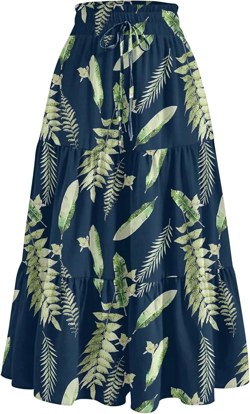 Womens Skirts Midi Length Boho Beach Vacation Flowy Floral Skirt Summer Casual Tiered High Waisted A Line Skirt