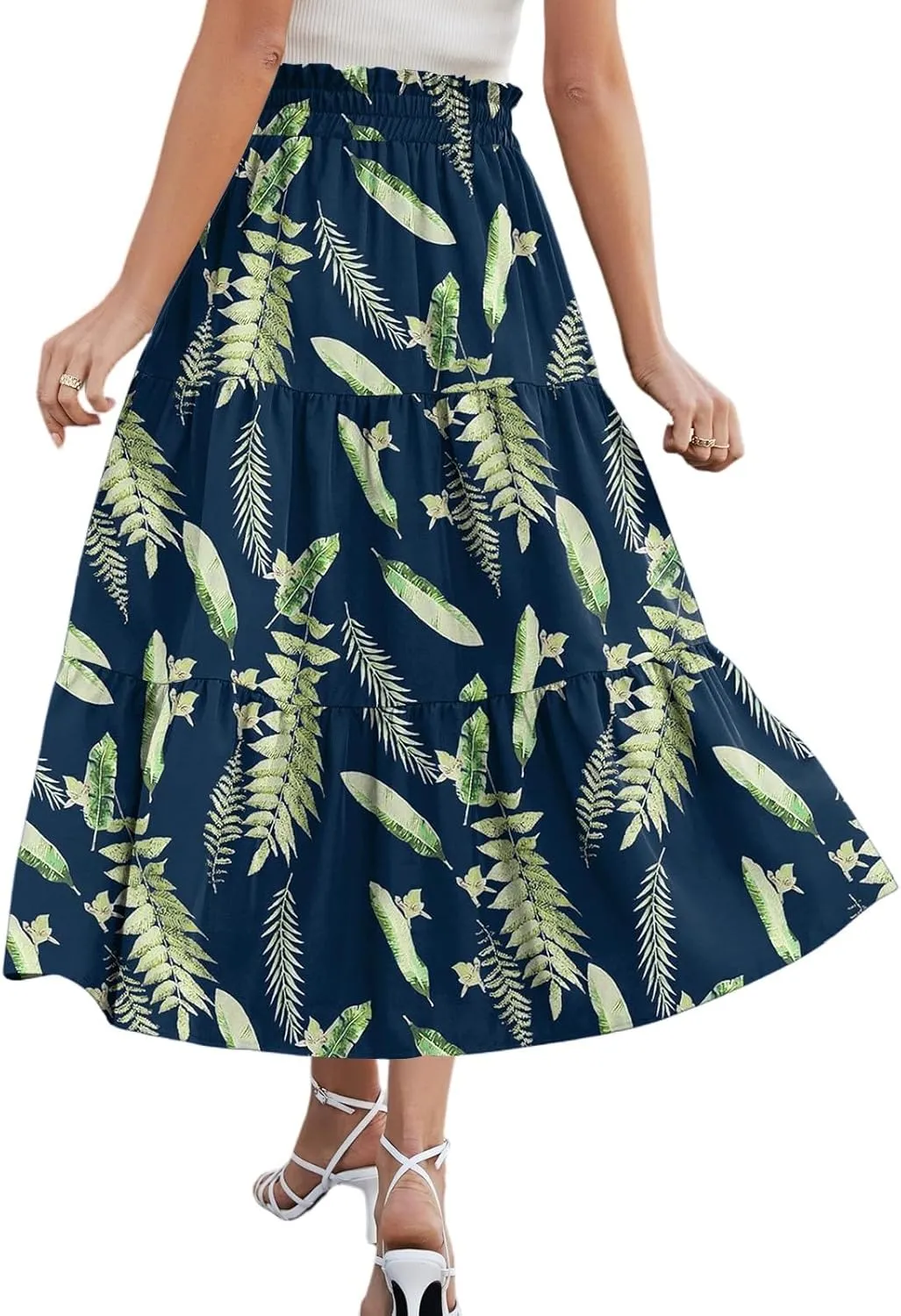 Womens Skirts Midi Length Boho Beach Vacation Flowy Floral Skirt Summer Casual Tiered High Waisted A Line Skirt
