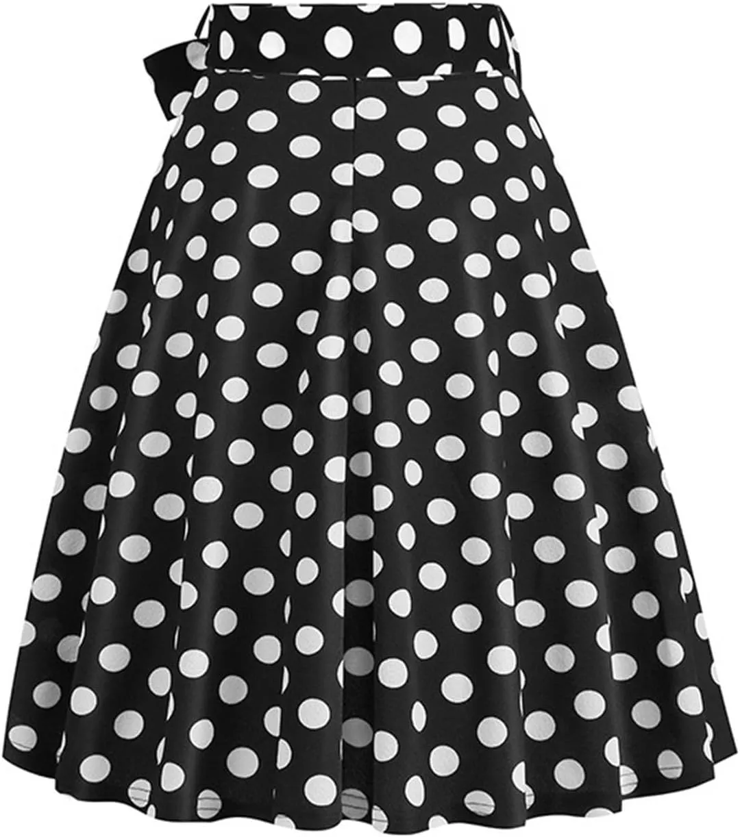 Women's Skirts Summer High Waist a-Line Casual Midi Dress Slim Fit Polka Dot Ruffle Bandage Flared Bohemian Skirt