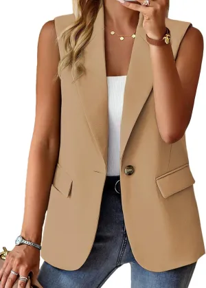 Women's Sleeveless Blazers Open Front Casual Blazer Vests Solid Color Lapel Single Button Lightweight Jackets Women