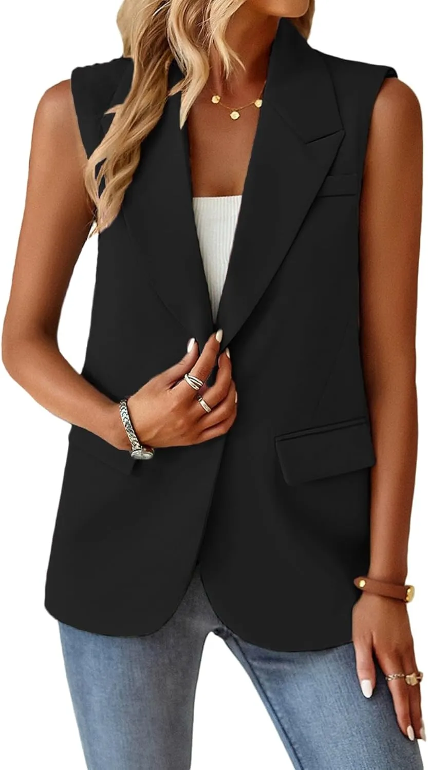 Women's Sleeveless Blazers Open Front Casual Blazer Vests Solid Color Lapel Single Button Lightweight Jackets Women