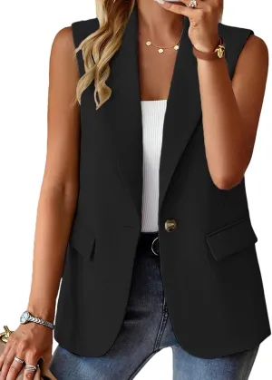 Women's Sleeveless Blazers Open Front Casual Blazer Vests Solid Color Lapel Single Button Lightweight Jackets Women