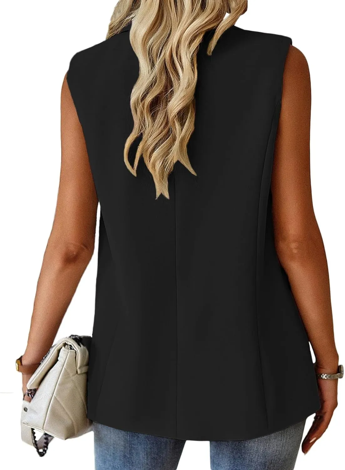 Women's Sleeveless Blazers Open Front Casual Blazer Vests Solid Color Lapel Single Button Lightweight Jackets Women