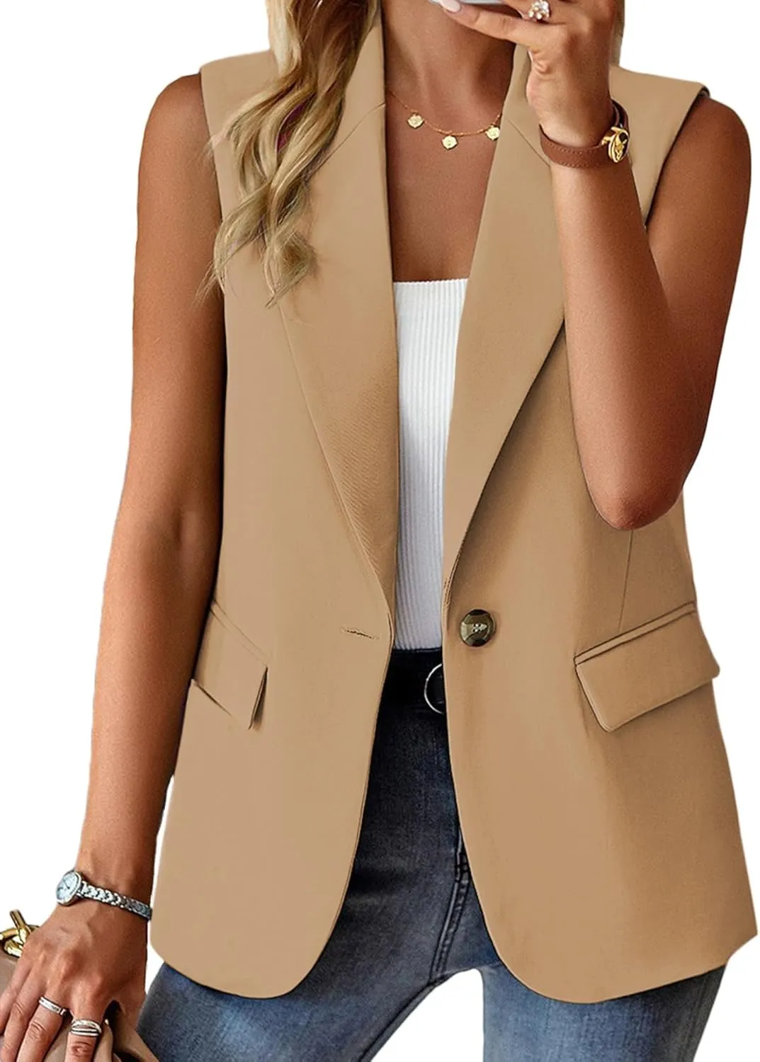 Women's Sleeveless Blazers Open Front Casual Blazer Vests Solid Color Lapel Single Button Lightweight Jackets Women