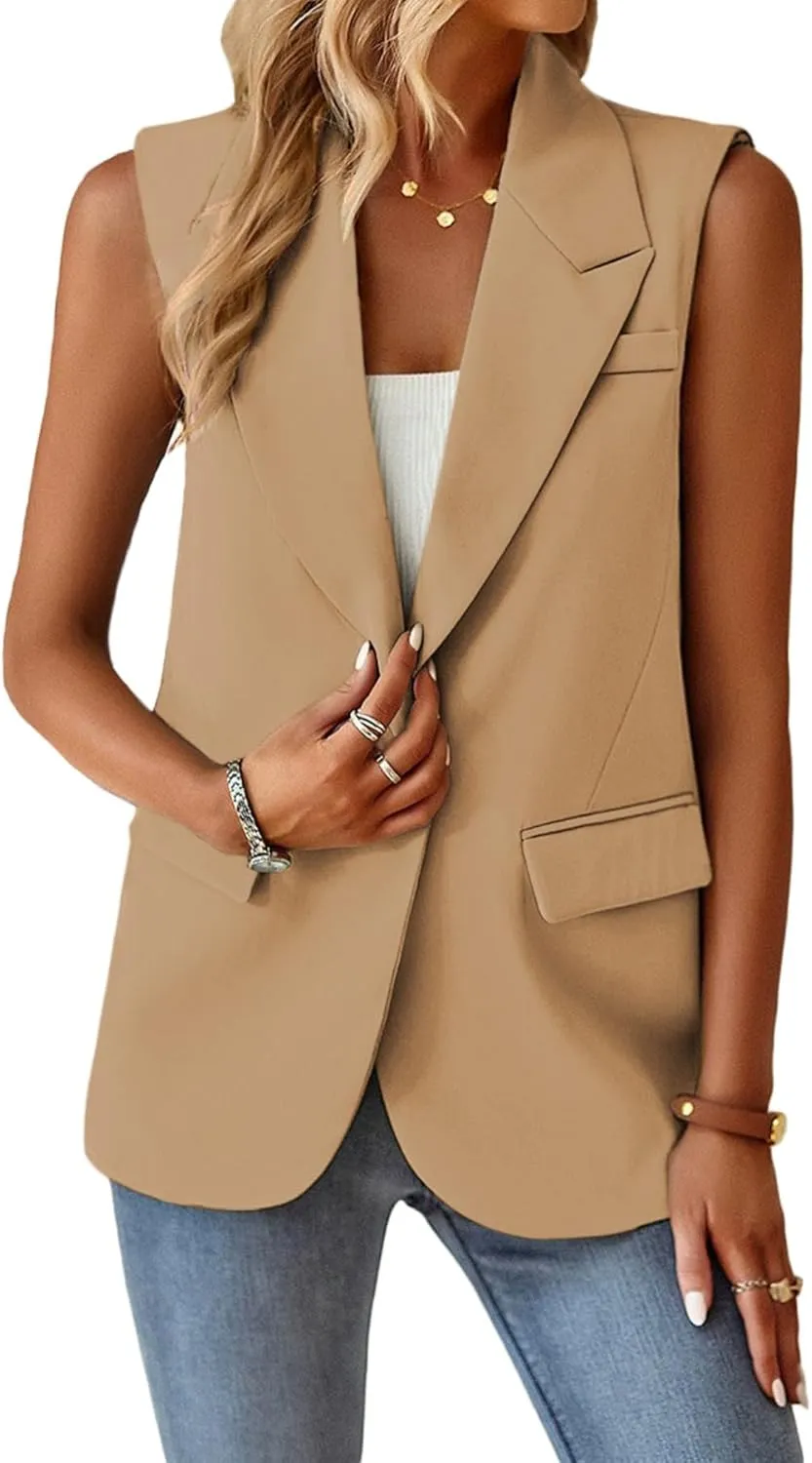 Women's Sleeveless Blazers Open Front Casual Blazer Vests Solid Color Lapel Single Button Lightweight Jackets Women