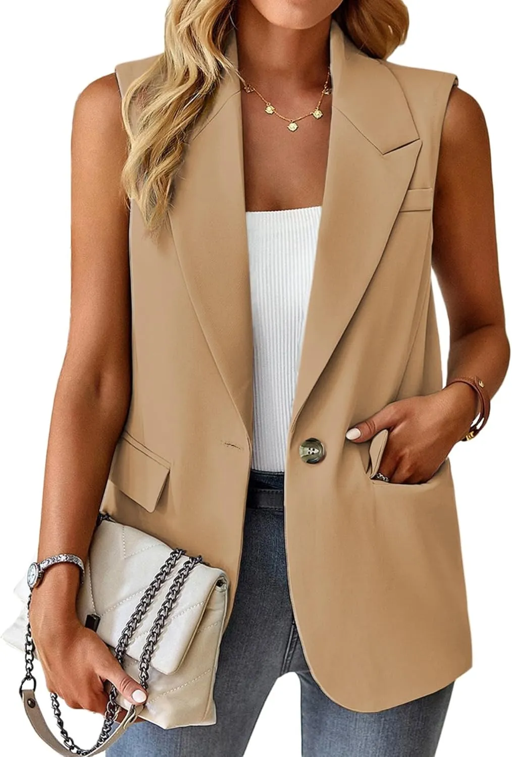 Women's Sleeveless Blazers Open Front Casual Blazer Vests Solid Color Lapel Single Button Lightweight Jackets Women