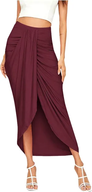 Women's Slit Ruched High Waisted Bodycon Maxi Skirt Summer Solid Draped Asymmetrical Hem Wrap Long Skirts Beach Clubwear 2024