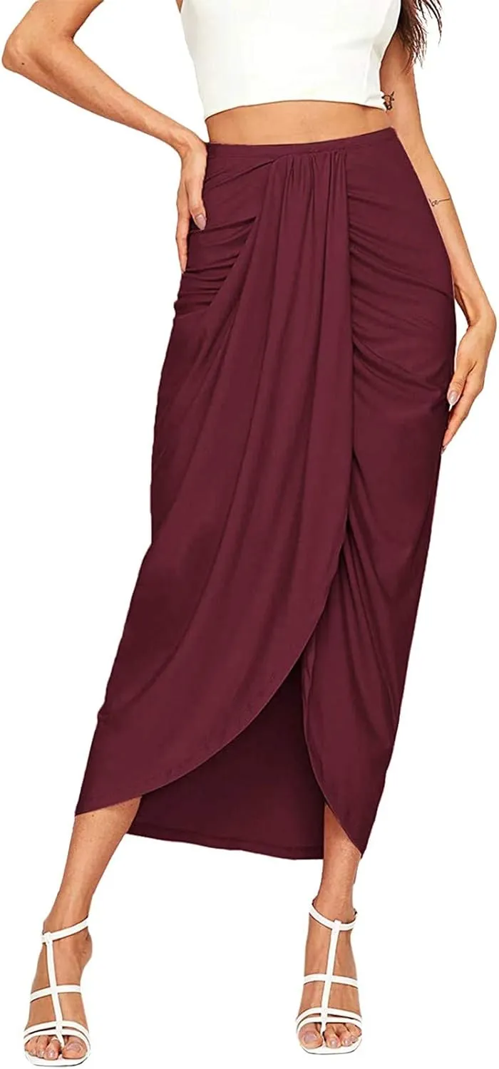 Women's Slit Ruched High Waisted Bodycon Maxi Skirt Summer Solid Draped Asymmetrical Hem Wrap Long Skirts Beach Clubwear 2024