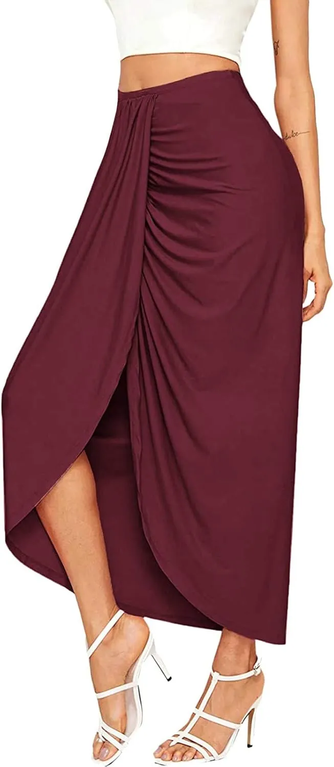 Women's Slit Ruched High Waisted Bodycon Maxi Skirt Summer Solid Draped Asymmetrical Hem Wrap Long Skirts Beach Clubwear 2024