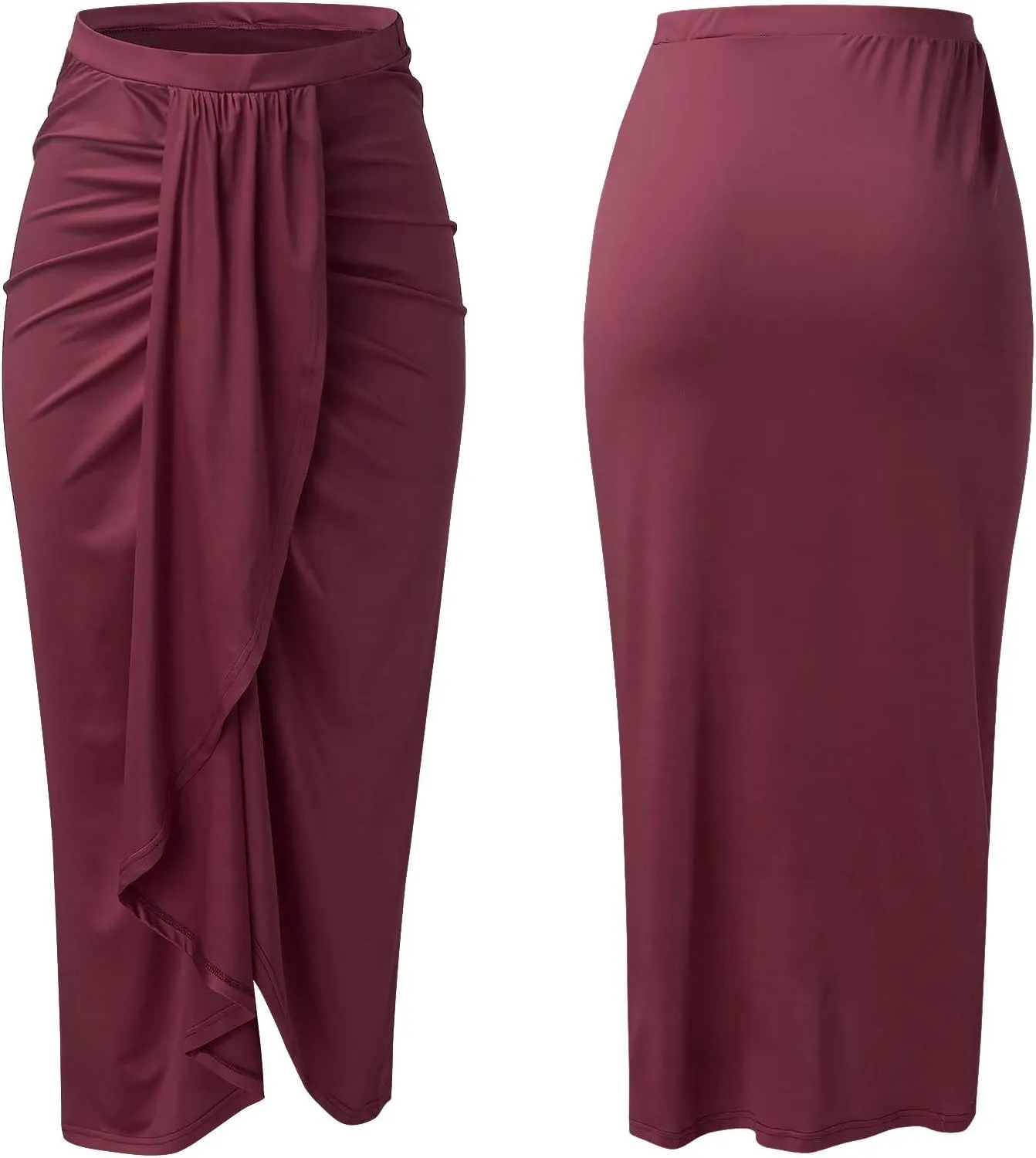 Women's Slit Ruched High Waisted Bodycon Maxi Skirt Summer Solid Draped Asymmetrical Hem Wrap Long Skirts Beach Clubwear 2024