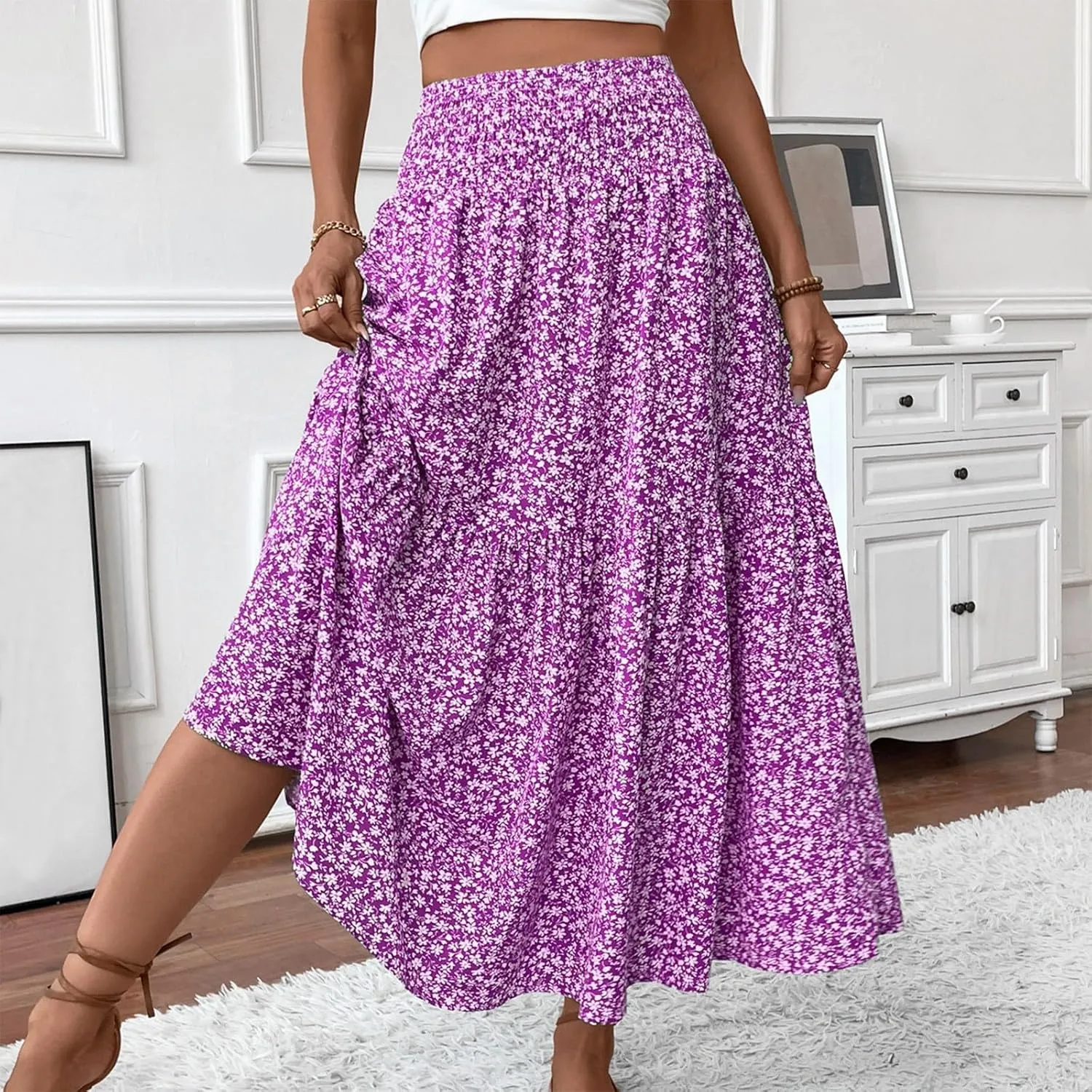 Women's Spring Skirts 2025 Summer Casual Loose Trendy Elastic Waist Floral Printed Bohemian Flowy Skirt, S-XL