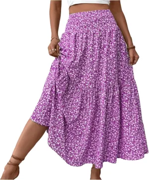 Women's Spring Skirts 2025 Summer Casual Loose Trendy Elastic Waist Floral Printed Bohemian Flowy Skirt, S-XL