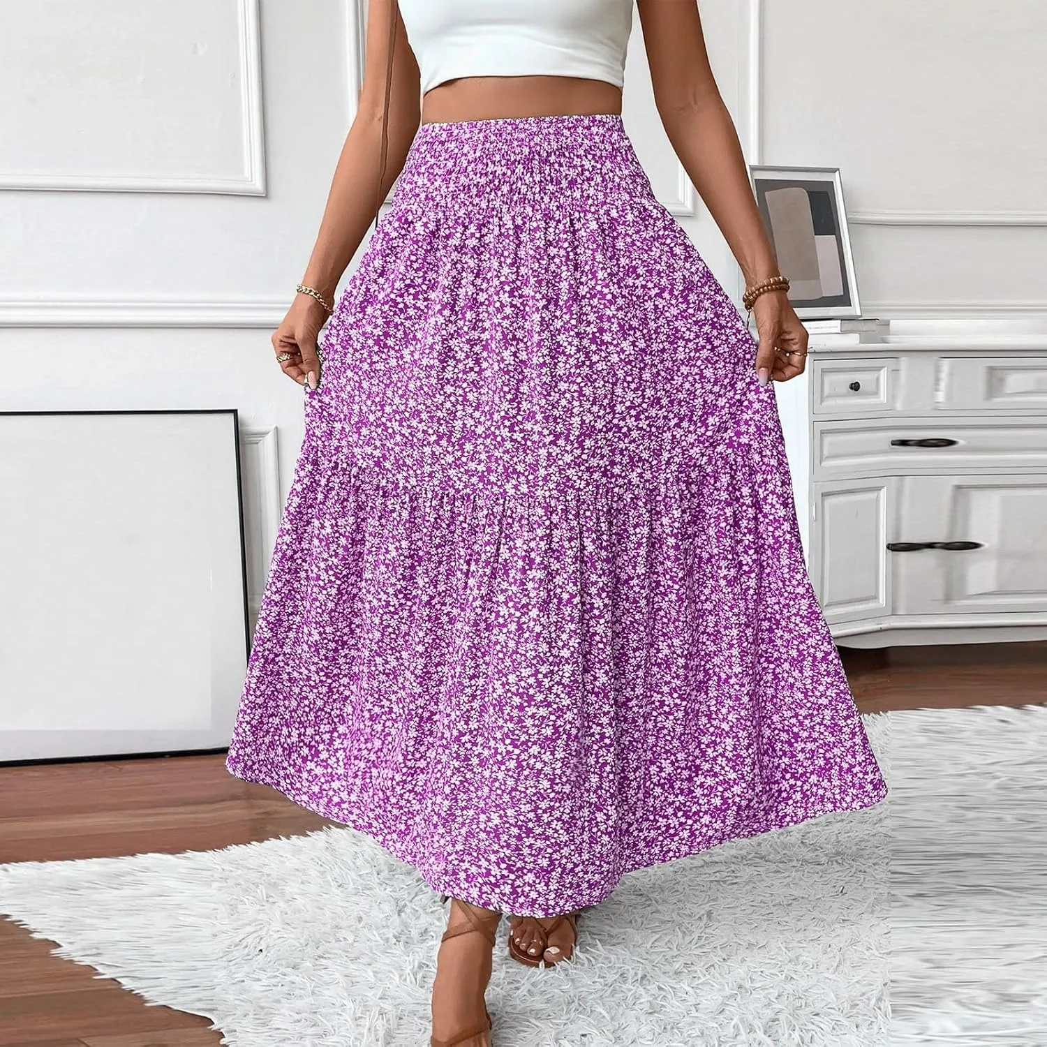 Women's Spring Skirts 2025 Summer Casual Loose Trendy Elastic Waist Floral Printed Bohemian Flowy Skirt, S-XL