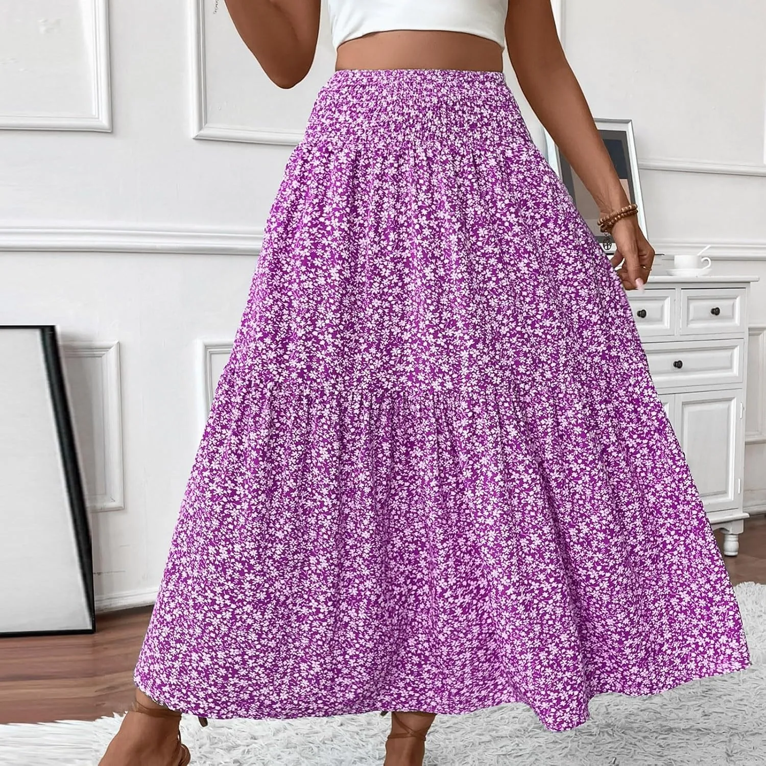 Women's Spring Skirts 2025 Summer Casual Loose Trendy Elastic Waist Floral Printed Bohemian Flowy Skirt, S-XL