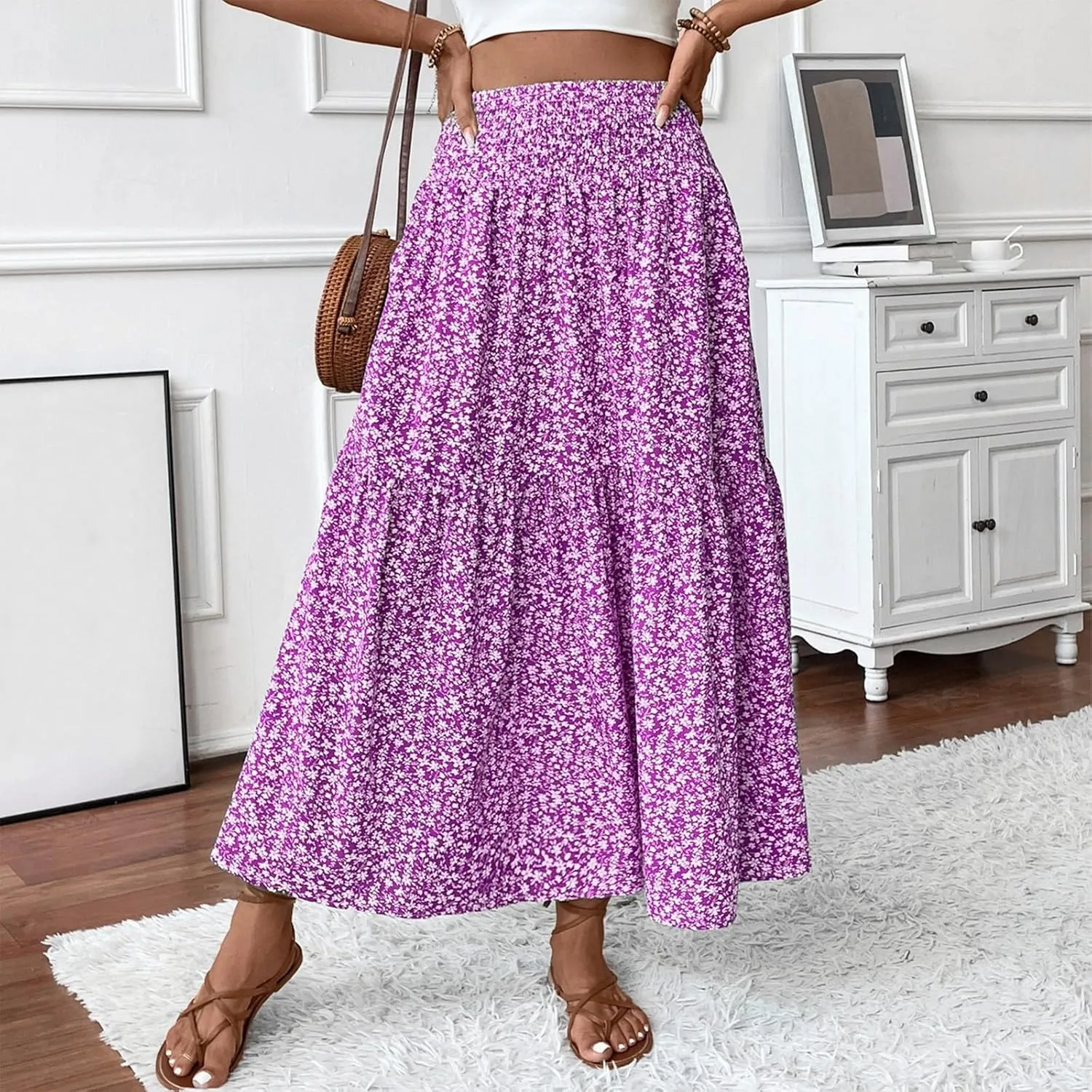 Women's Spring Skirts 2025 Summer Casual Loose Trendy Elastic Waist Floral Printed Bohemian Flowy Skirt, S-XL