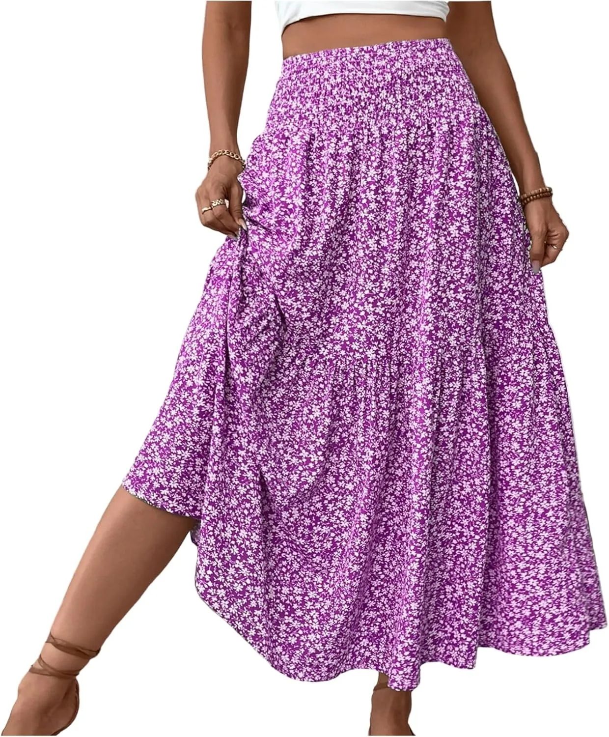 Women's Spring Skirts 2025 Summer Casual Loose Trendy Elastic Waist Floral Printed Bohemian Flowy Skirt, S-XL