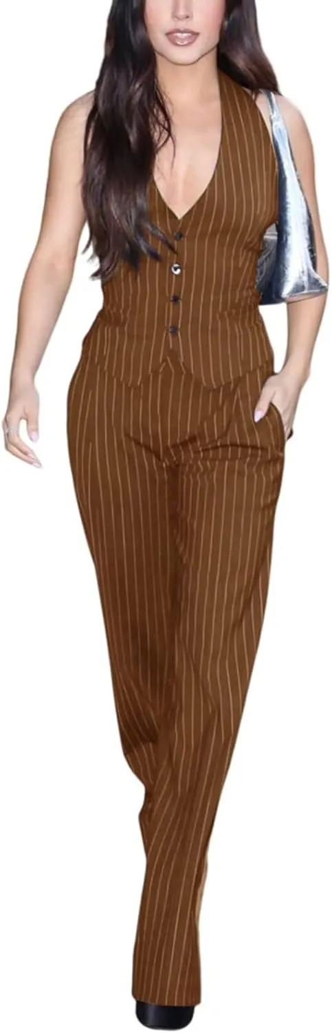 Women's Stripe Vest Pants Set Business 2 Piece Outfits Office Lady Suit