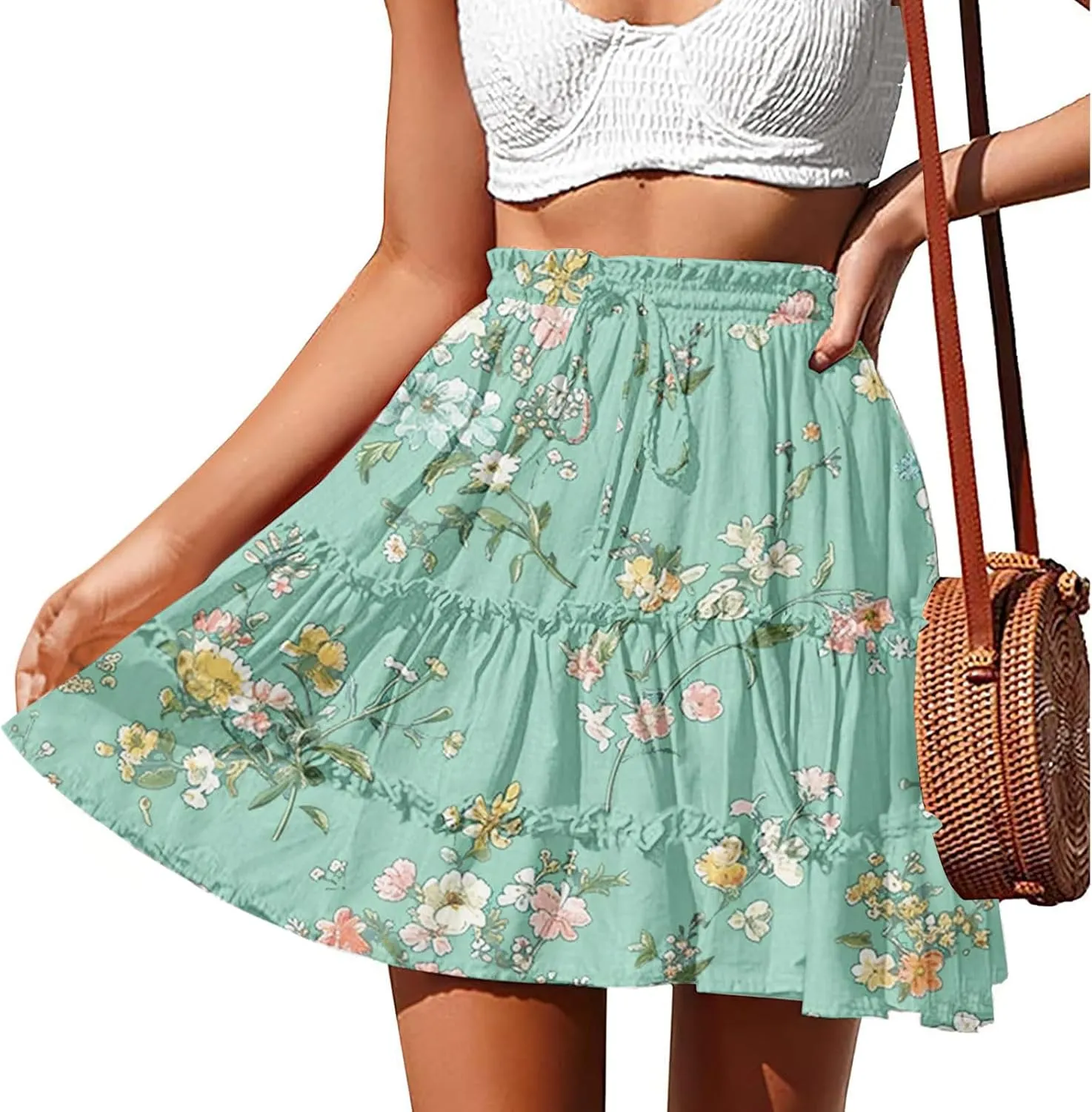 Womens Summer 2024 Tulle Long Skirts Irregular Hem High Waist Skirt Pleated Printed Mesh Midi Skirts for Ladies