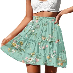 Womens Summer 2024 Tulle Long Skirts Irregular Hem High Waist Skirt Pleated Printed Mesh Midi Skirts for Ladies