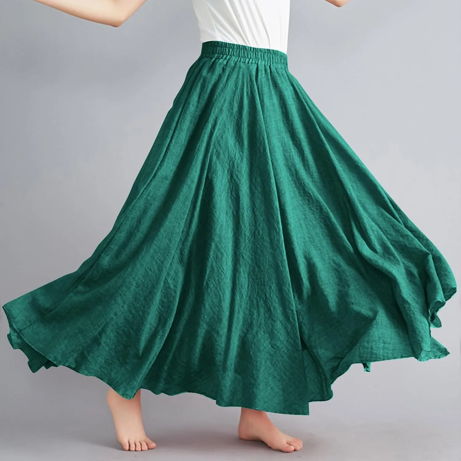 Women's Summer Boho Linen Maxi Skirts Flowy Swing A-Line Skirt Fashion Trendy Elastic Waist Pleated Long Beach Dress