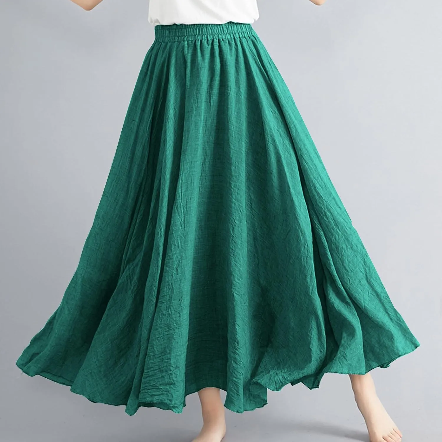 Women's Summer Boho Linen Maxi Skirts Flowy Swing A-Line Skirt Fashion Trendy Elastic Waist Pleated Long Beach Dress