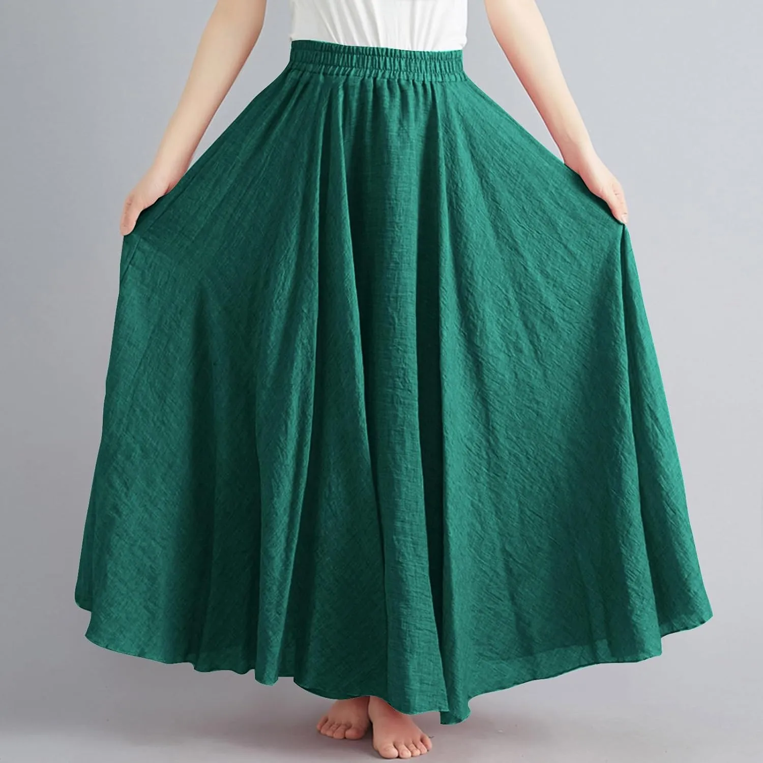 Women's Summer Boho Linen Maxi Skirts Flowy Swing A-Line Skirt Fashion Trendy Elastic Waist Pleated Long Beach Dress