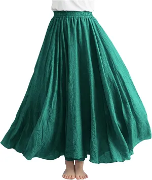 Women's Summer Boho Linen Maxi Skirts Flowy Swing A-Line Skirt Fashion Trendy Elastic Waist Pleated Long Beach Dress