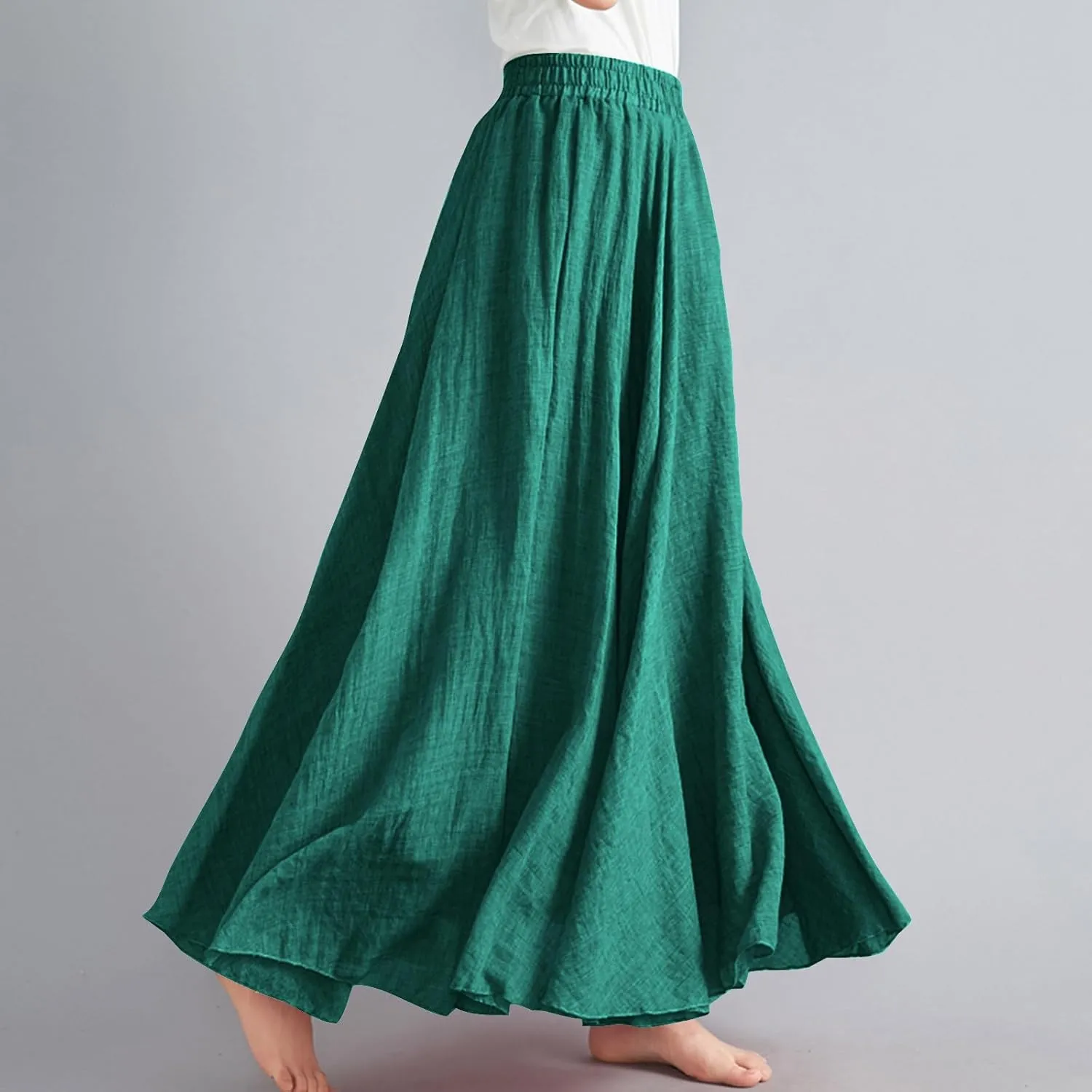 Women's Summer Boho Linen Maxi Skirts Flowy Swing A-Line Skirt Fashion Trendy Elastic Waist Pleated Long Beach Dress