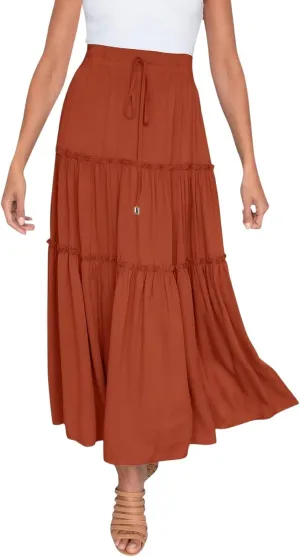 Womens Summer Boho Maxi Skirt A-Line Flowy Ruffle Trendy Drawstring Elastic High Waist Pleated Beach Long Skirts